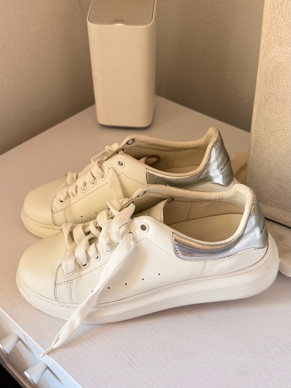 Alexander McQueen White Leather Sneakers with Silver Heel